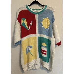 Vintage 90s Koret Novelty Sweater Oversized Short Sleeve Retro Kite Sun Colorful